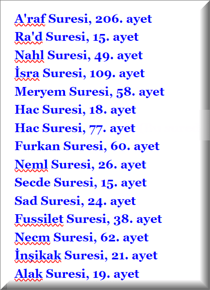 Tilavet secdesi nedir Kurani Kerimde kac ayette secde isareti vardir